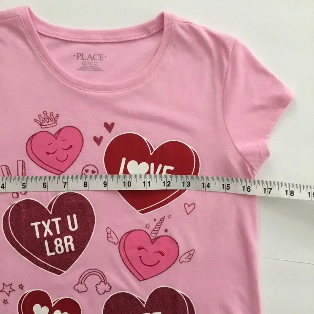 Children’s Place Girls Shirt Pink Candy Hearts Size XL 14
